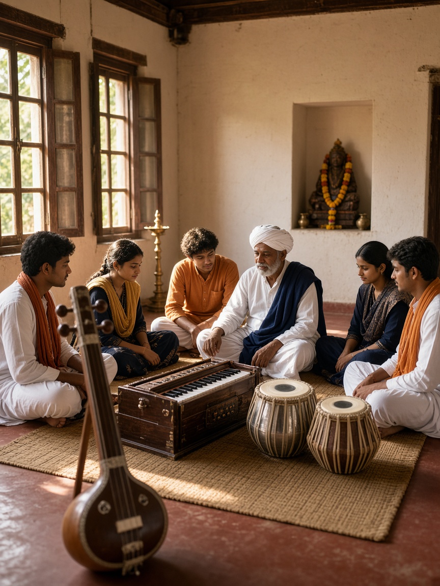 Students learning classical music with a teacher in a traditional hall